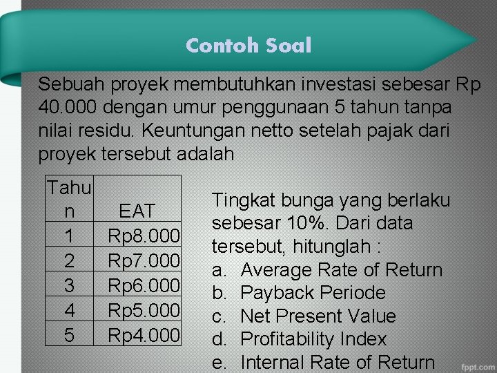 Contoh Soal Sebuah proyek membutuhkan investasi sebesar Rp 40. 000 dengan umur penggunaan 5