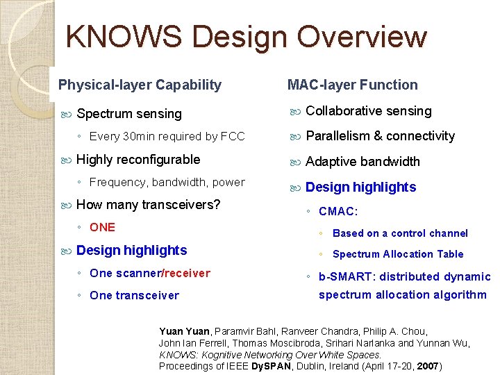 KNOWS Design Overview Physical-layer Capability MAC-layer Function Spectrum sensing Collaborative sensing ◦ Every 30 KNOWS Design Overview Physical-layer Capability MAC-layer Function Spectrum sensing Collaborative sensing ◦ Every 30