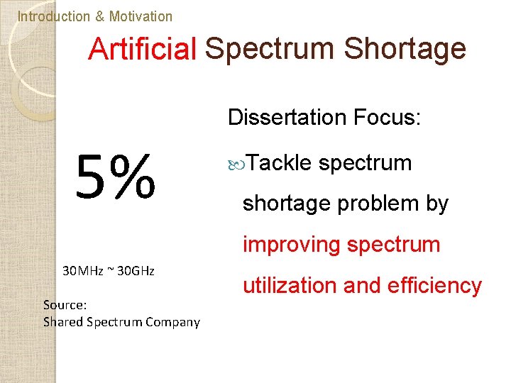 Introduction & Motivation Artificial Spectrum Shortage Dissertation Focus: 5% Tackle spectrum shortage problem by Introduction & Motivation Artificial Spectrum Shortage Dissertation Focus: 5% Tackle spectrum shortage problem by
