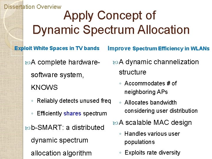 Dissertation Overview Apply Concept of Dynamic Spectrum Allocation Exploit White Spaces in TV bands Dissertation Overview Apply Concept of Dynamic Spectrum Allocation Exploit White Spaces in TV bands