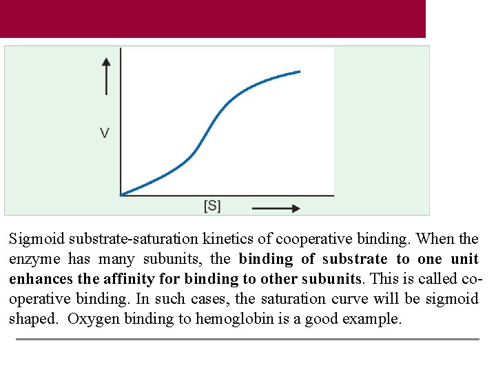 Sigmoid substrate-saturation kinetics of cooperative binding. When the enzyme has many subunits, the binding