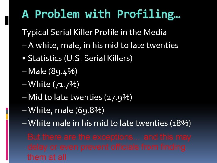 A Problem with Profiling… Typical Serial Killer Profile in the Media – A white,
