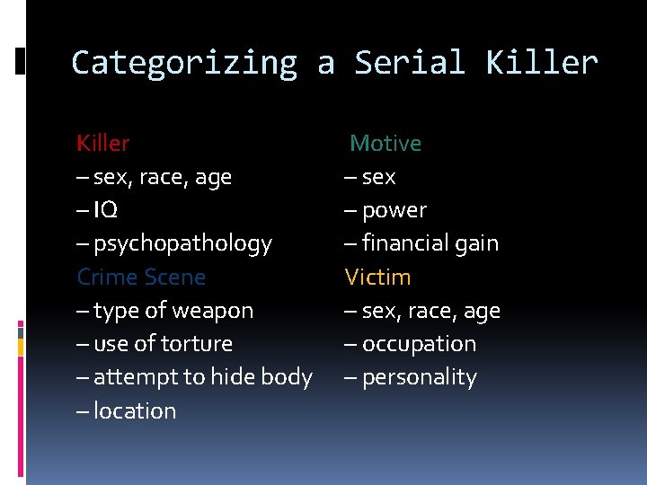 Categorizing a Serial Killer – sex, race, age – IQ – psychopathology Crime Scene