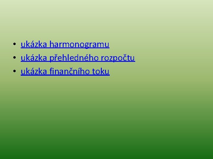  • ukázka harmonogramu • ukázka přehledného rozpočtu • ukázka finančního toku 