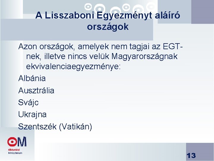 A Lisszaboni Egyezményt aláíró országok Azon országok, amelyek nem tagjai az EGTnek, illetve nincs A Lisszaboni Egyezményt aláíró országok Azon országok, amelyek nem tagjai az EGTnek, illetve nincs