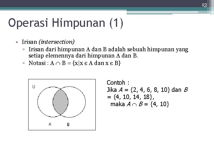 13 Operasi Himpunan (1) • Irisan (intersection) ▫ Irisan dari himpunan A dan B