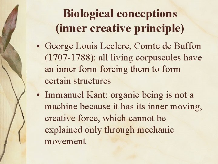 Biological conceptions (inner creative principle) • George Louis Leclerc, Comte de Buffon (1707 -1788):