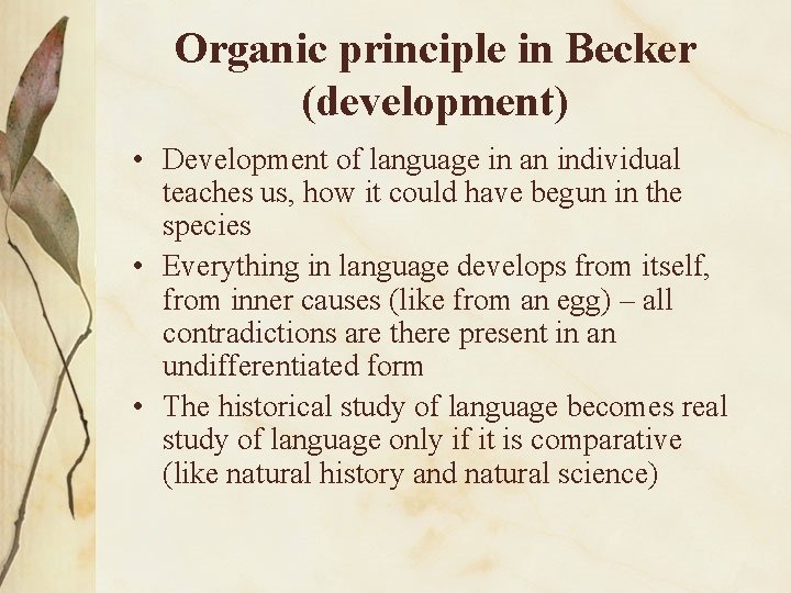 Organic principle in Becker (development) • Development of language in an individual teaches us,