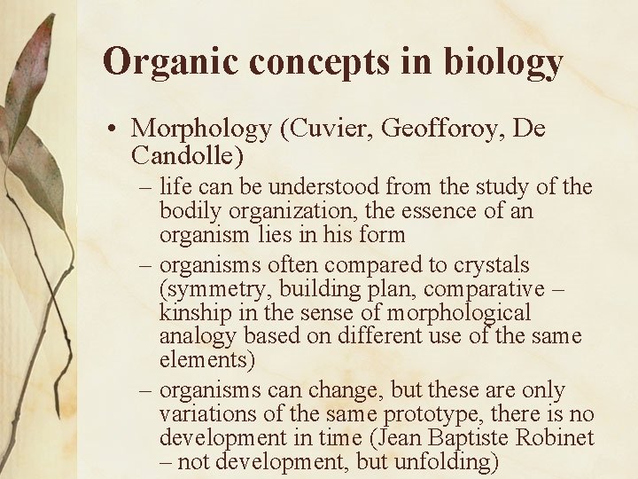 Organic concepts in biology • Morphology (Cuvier, Geofforoy, De Candolle) – life can be