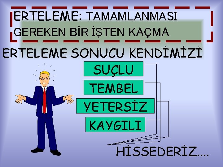 ERTELEME: TAMAMLANMASI GEREKEN BİR İŞTEN KAÇMA ERTELEME SONUCU KENDİMİZİ SUÇLU TEMBEL YETERSİZ KAYGILI HİSSEDERİZ.
