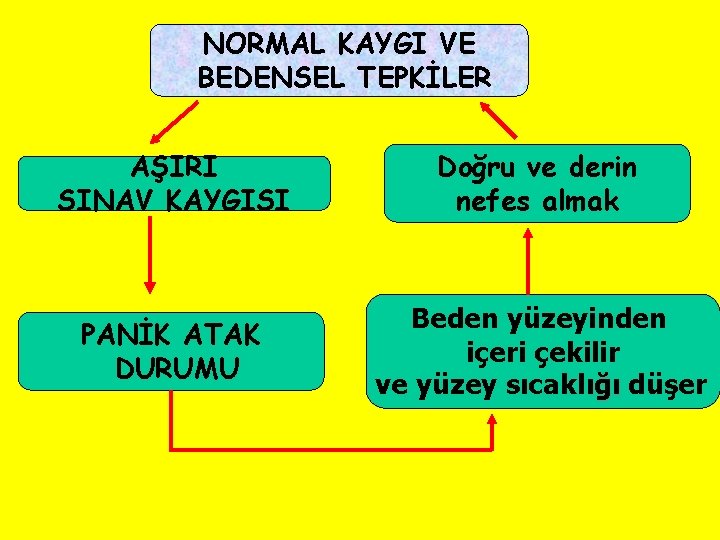 NORMAL KAYGI VE BEDENSEL TEPKİLER AŞIRI SINAV KAYGISI Doğru ve derin nefes almak PANİK