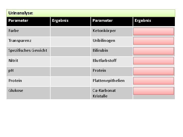 Urinanalyse: Parameter Ergebnis Parameter Farbe Ketonkörper Transparenz Uribilinogen Spezifisches Gewicht Bilirubin Nitrit Blutfarbstoff p.