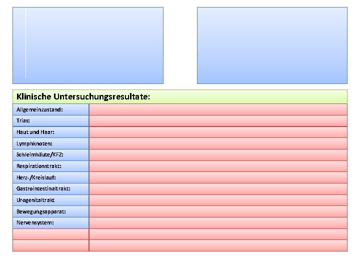 Klinische Untersuchungsresultate: Allgemeinzustand: Trias: Haut und Haar: Lymphknoten: Schleimhäute/KFZ: Respirationstrakt: Herz-/Kreislauf: Gastrointestinaltrakt: Urogenitaltrakt Bewegungsapparat: