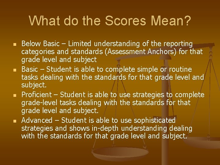 What do the Scores Mean? n n Below Basic – Limited understanding of the