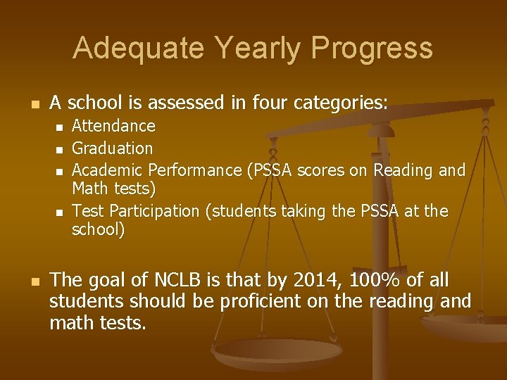 Adequate Yearly Progress n A school is assessed in four categories: n n n