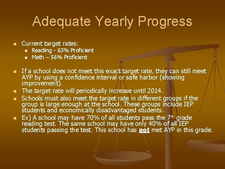 Adequate Yearly Progress n Current target rates: n n n Reading - 63% Proficient