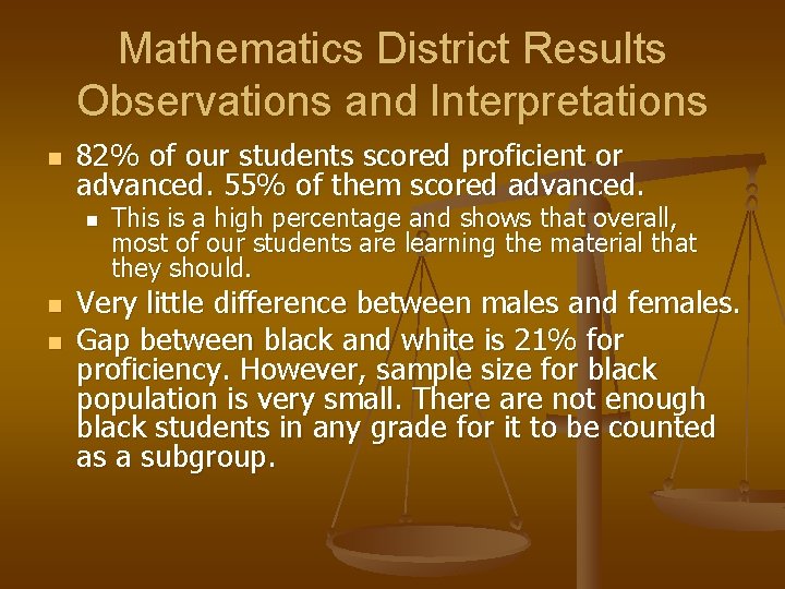 Mathematics District Results Observations and Interpretations n 82% of our students scored proficient or