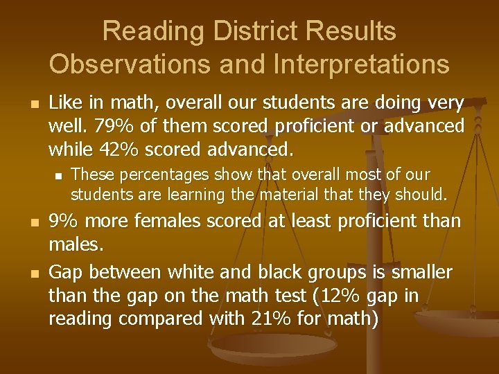Reading District Results Observations and Interpretations n Like in math, overall our students are