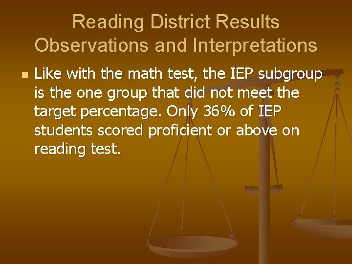 Reading District Results Observations and Interpretations n Like with the math test, the IEP