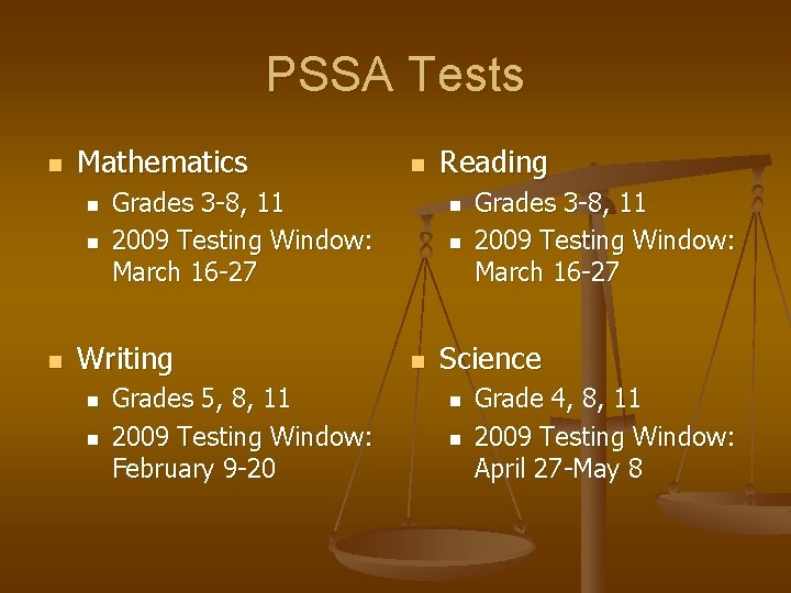 PSSA Tests n Mathematics n n n Grades 3 -8, 11 2009 Testing Window:
