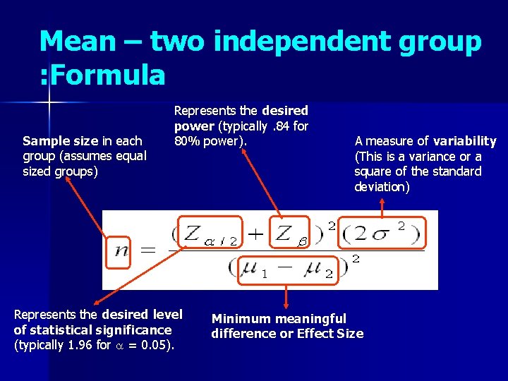 Mean – two independent group : Formula Sample size in each group (assumes equal