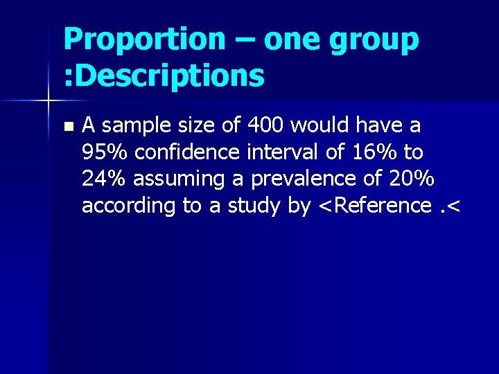 Proportion – one group : Descriptions n A sample size of 400 would have