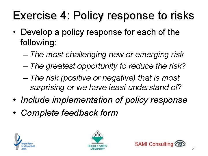 Exercise 4: Policy response to risks • Develop a policy response for each of