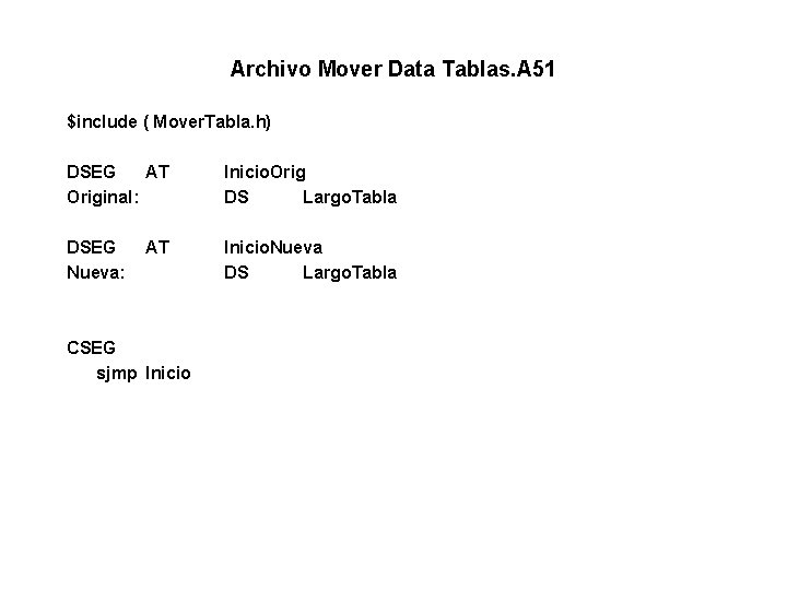 Archivo Mover Data Tablas. A 51 $include ( Mover. Tabla. h) DSEG AT Original: Archivo Mover Data Tablas. A 51 $include ( Mover. Tabla. h) DSEG AT Original: