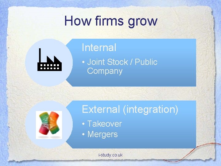 How firms grow Internal • Joint Stock / Public Company External (integration) • Takeover