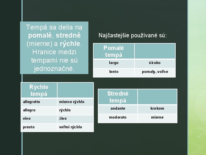 Tempá sa delia na pomalé, stredné (mierne) a rýchle. Hranice medzi tempami nie sú