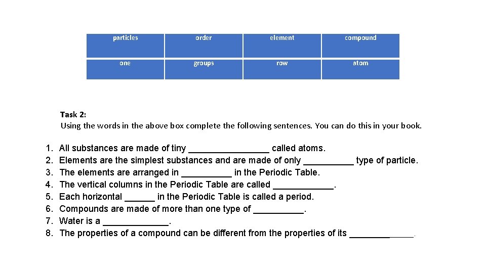 particles order element compound one groups row atom Task 2: Using the words in