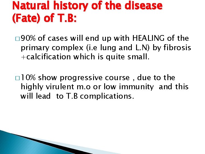 Natural history of the disease (Fate) of T. B: � 90% of cases will