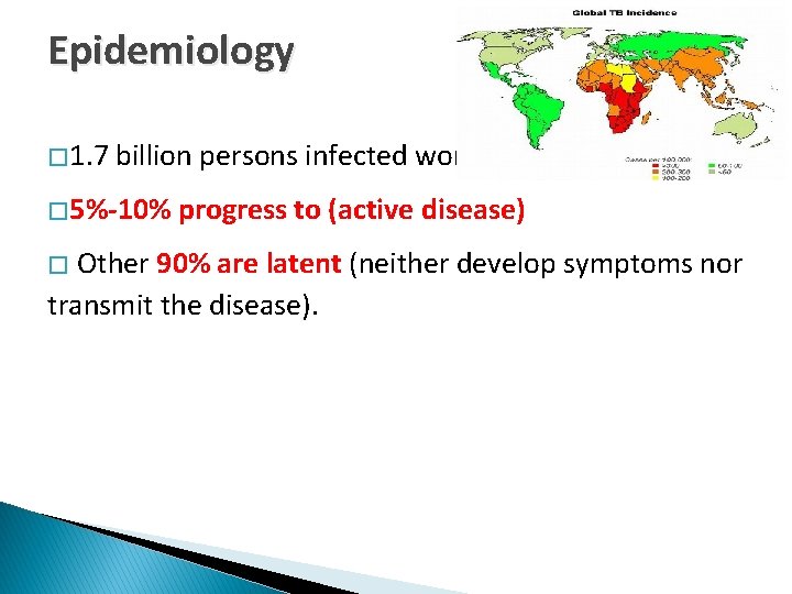Epidemiology � 1. 7 billion persons infected worldwide � 5%-10% progress to (active disease)