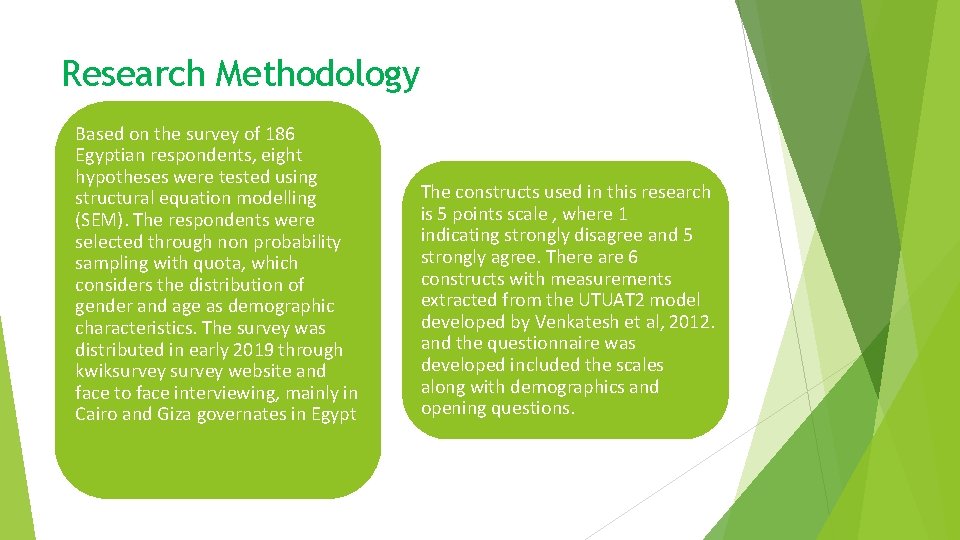 Research Methodology Based on the survey of 186 Egyptian respondents, eight hypotheses were tested