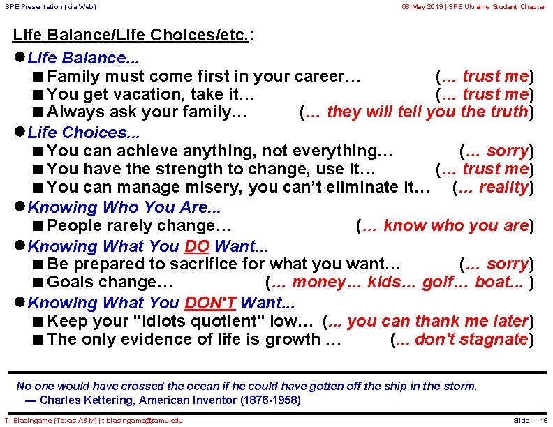 SPE Presentation (via Web) 06 May 2019 | SPE Ukraine Student Chapter Life Balance/Life