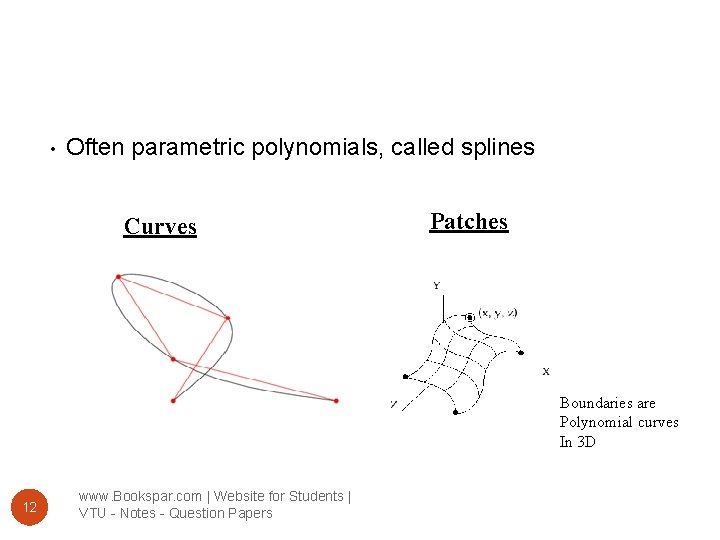  • Often parametric polynomials, called splines Curves Patches Boundaries are Polynomial curves In
