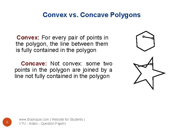Convex vs. Concave Polygons Convex: For every pair of points in the polygon, the