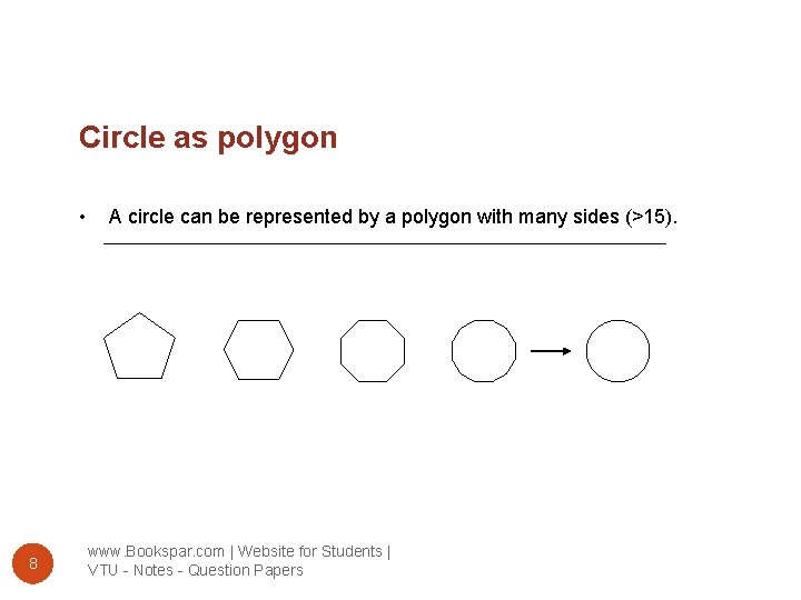 Circle as polygon • 8 A circle can be represented by a polygon with
