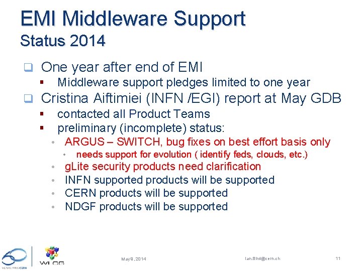 EMI Middleware Support Status 2014 q One year after end of EMI Middleware support