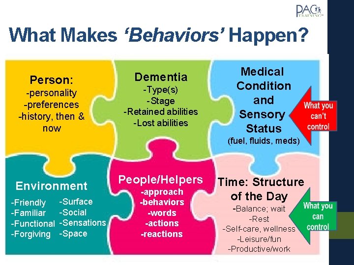 What Makes ‘Behaviors’ Happen? Person: -personality -preferences -history, then & now Dementia -Type(s) -Stage