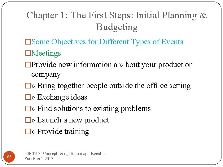 Chapter 1: The First Steps: Initial Planning & Budgeting �Some Objectives for Different Types