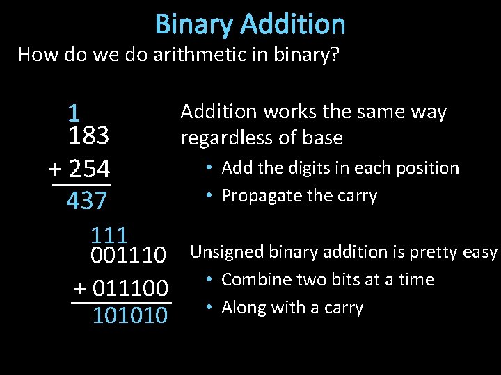 Binary Addition How do we do arithmetic in binary? 1 183 + 254 437