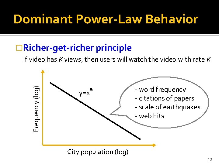 Dominant Power-Law Behavior �Richer-get-richer principle Frequency (log) If video has K views, then users