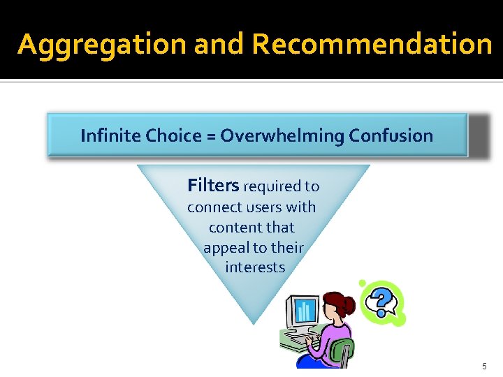 Aggregation and Recommendation Infinite Choice = Overwhelming Confusion Filters required to connect users with