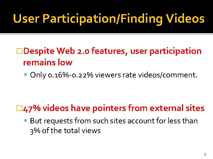 User Participation/Finding Videos �Despite Web 2. 0 features, user participation remains low Only 0.