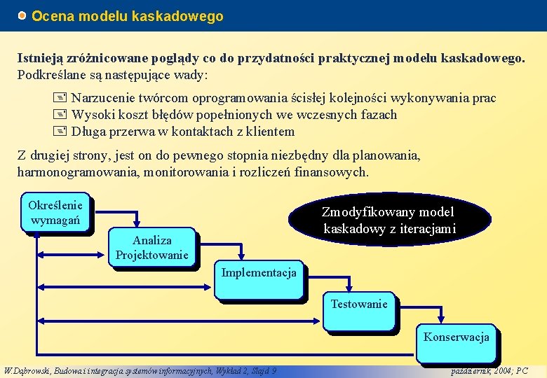 Ocena modelu kaskadowego Istnieją zróżnicowane poglądy co do przydatności praktycznej modelu kaskadowego. Podkreślane są