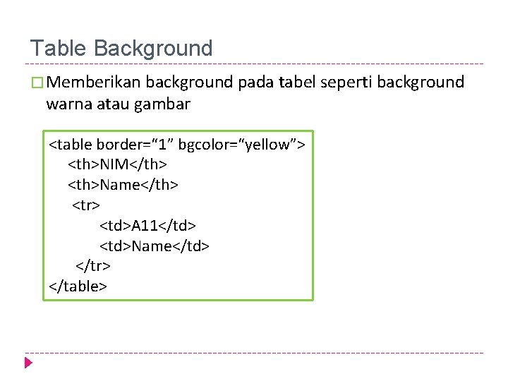 Table Background � Memberikan background pada tabel seperti background warna atau gambar <table border=“