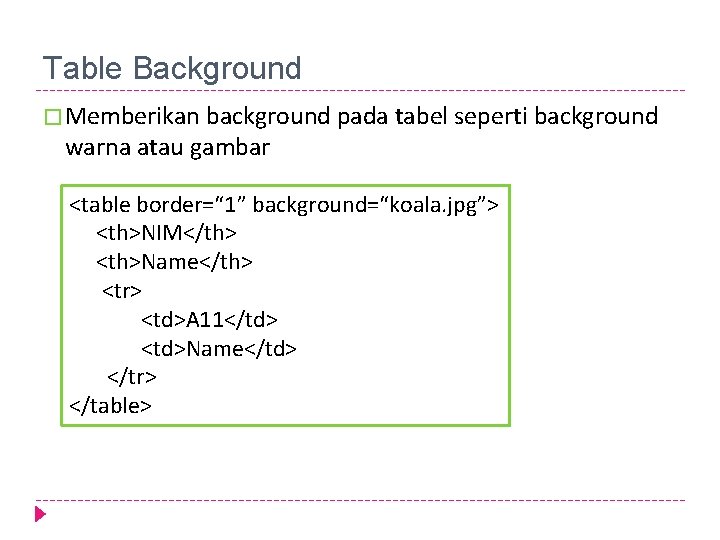 Table Background � Memberikan background pada tabel seperti background warna atau gambar <table border=“