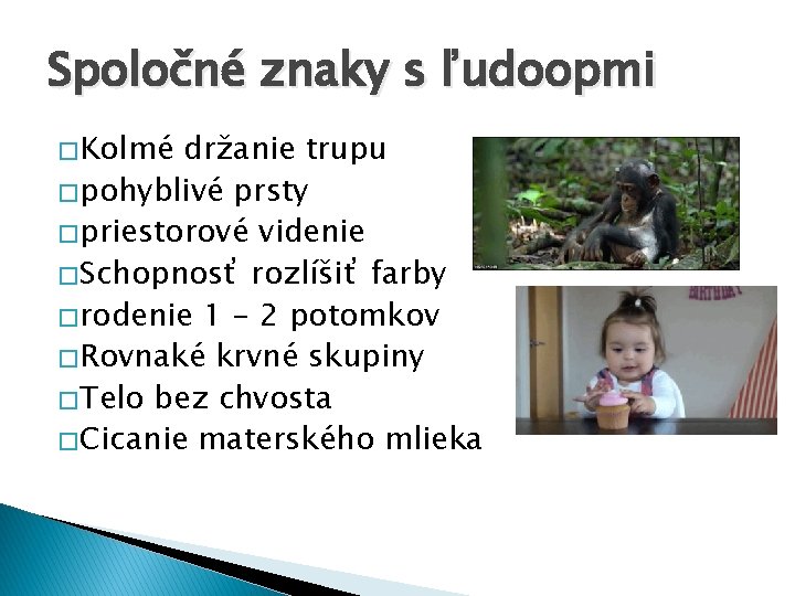 Spoločné znaky s ľudoopmi � Kolmé držanie trupu � pohyblivé prsty � priestorové videnie