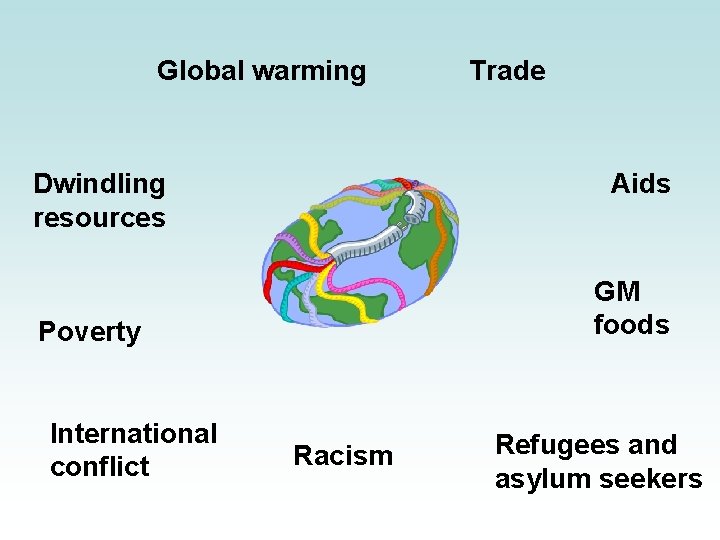 Global warming Dwindling resources Aids GM foods Poverty International conflict Trade Racism Refugees and